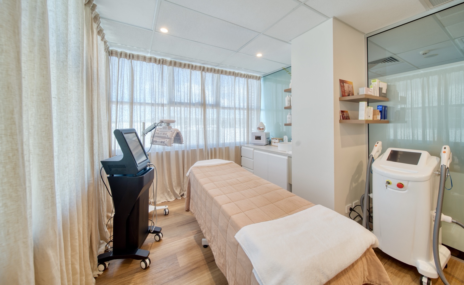 The treatment room and skincare shelves at Imani